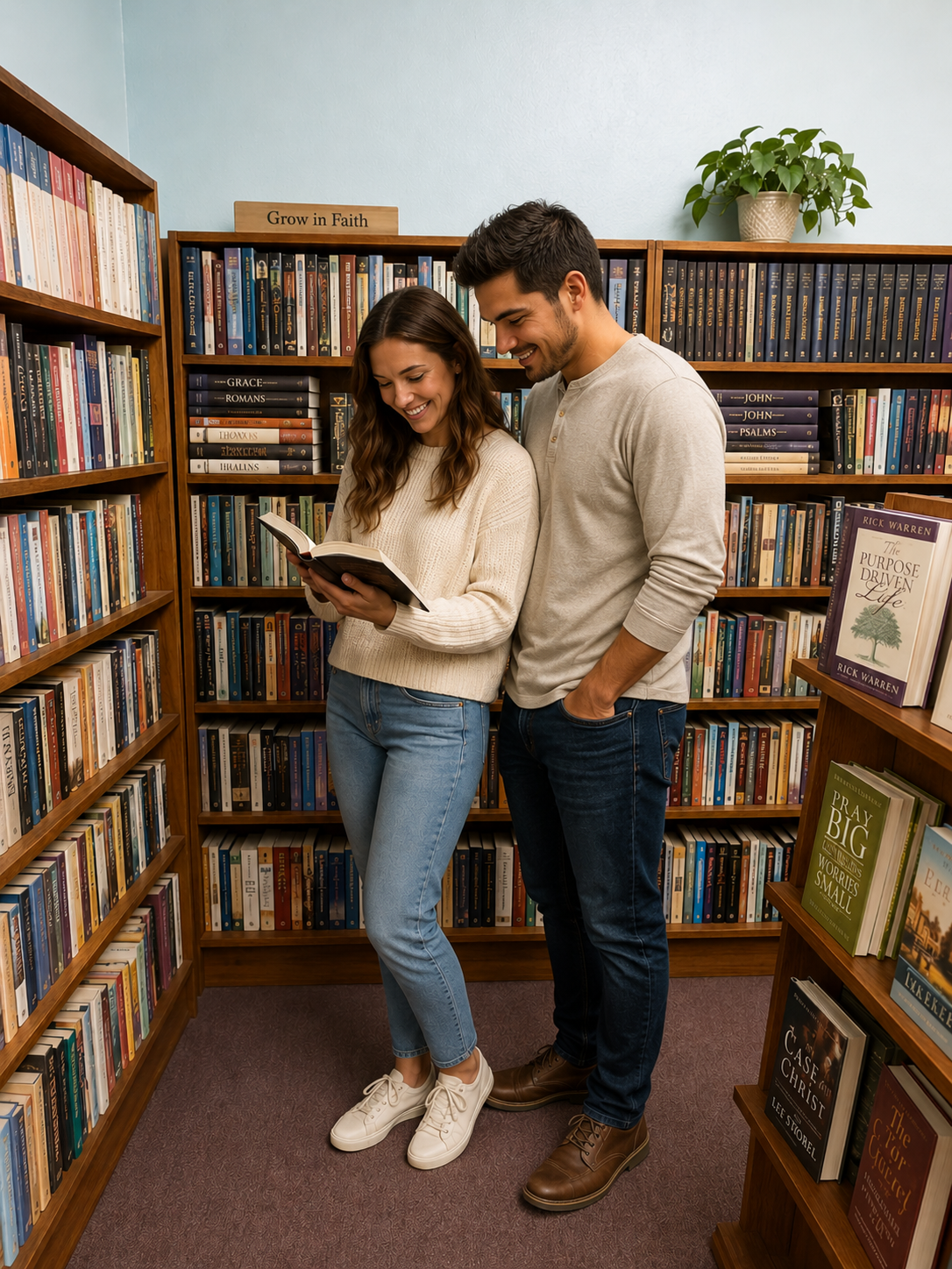 A couple reading in the Christian books aisle