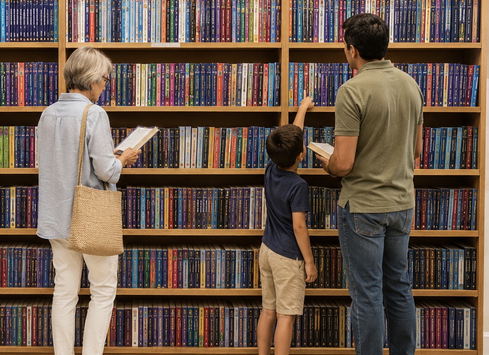 A family browsing colorful bookshelves together at Mustard Seed Books & Gifts