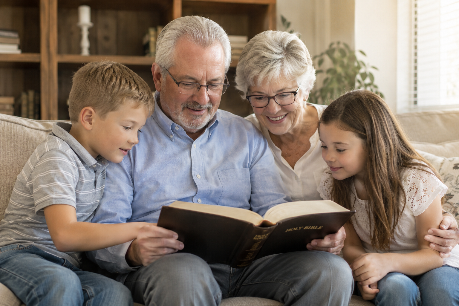 Grandparents reading the Bible with their grandchildren